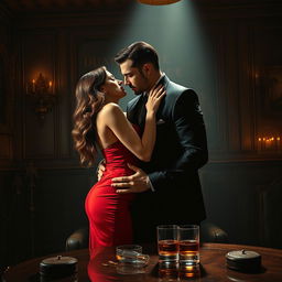 A seductive and intense mafia romance scene set in an opulent, dimly-lit room filled with rich decor and a vintage feel