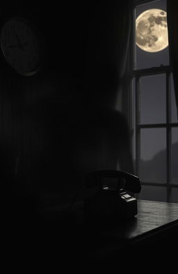 A captivating scene depicting a mysterious midnight phone call, featuring a dimly lit room with a vintage rotary telephone ringing
