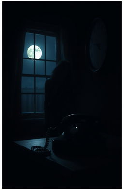 A captivating scene depicting a mysterious midnight phone call, featuring a dimly lit room with a vintage rotary telephone ringing