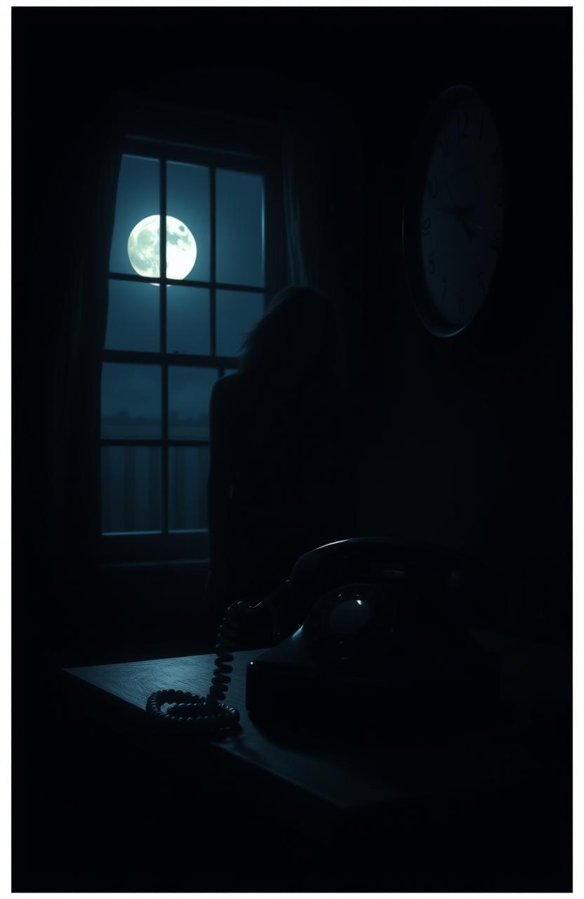A captivating scene depicting a mysterious midnight phone call, featuring a dimly lit room with a vintage rotary telephone ringing