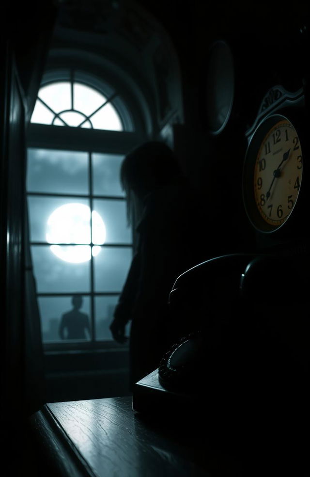 A captivating scene depicting a mysterious midnight phone call, featuring a dimly lit room with a vintage rotary telephone ringing