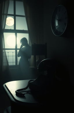 A captivating scene depicting a mysterious midnight phone call, featuring a dimly lit room with a vintage rotary telephone ringing