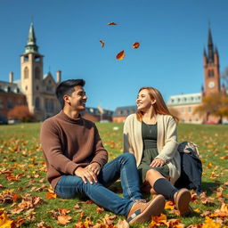 A heartwarming scene of college romance set on a picturesque university campus during autumn