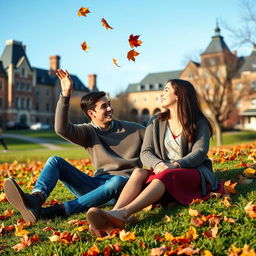 A heartwarming scene of college romance set on a picturesque university campus during autumn