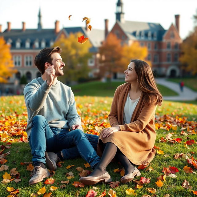 A heartwarming scene of college romance set on a picturesque university campus during autumn