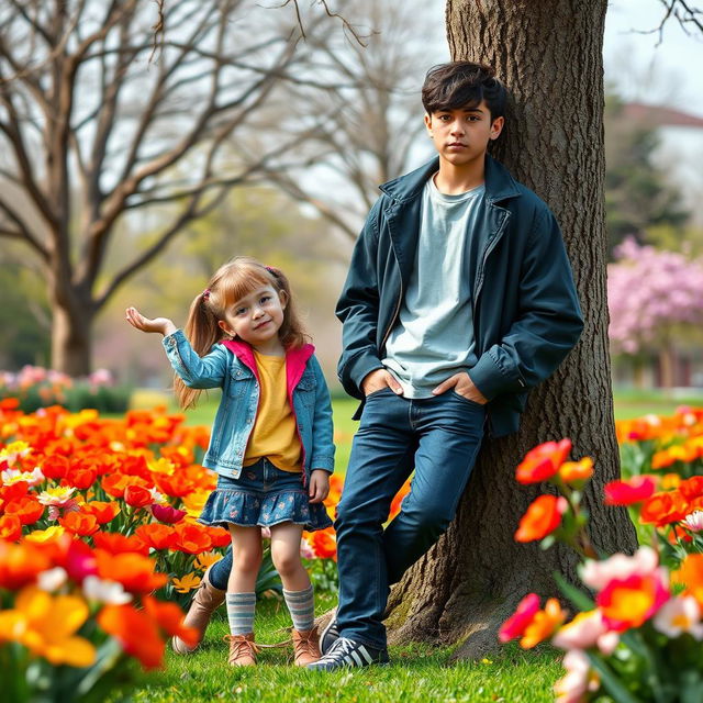 An endearing scene featuring a cold boy and a goofy girl in a vibrant park during the spring