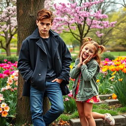 An endearing scene featuring a cold boy and a goofy girl in a vibrant park during the spring