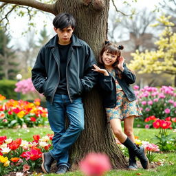 An endearing scene featuring a cold boy and a goofy girl in a vibrant park during the spring