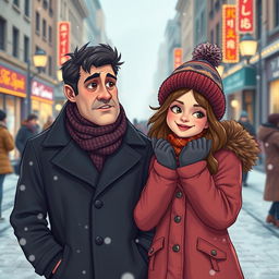 A charming scene depicting a cold man and a goofy woman in an urban setting, perhaps on a bustling street during winter