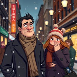A charming scene depicting a cold man and a goofy woman in an urban setting, perhaps on a bustling street during winter