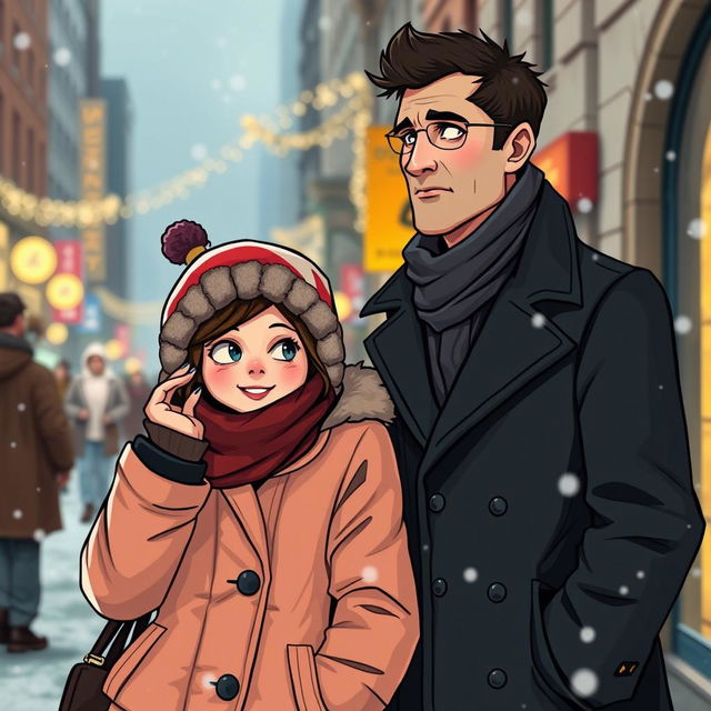 A charming scene depicting a cold man and a goofy woman in an urban setting, perhaps on a bustling street during winter