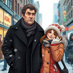 A charming scene depicting a cold man and a goofy woman in an urban setting, perhaps on a bustling street during winter