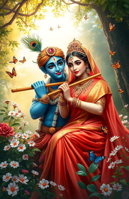 A beautiful depiction of Radha and Krishna together in a lush garden setting