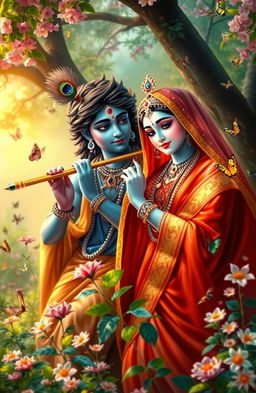 A beautiful depiction of Radha and Krishna together in a lush garden setting