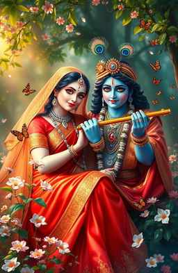 A beautiful depiction of Radha and Krishna together in a lush garden setting