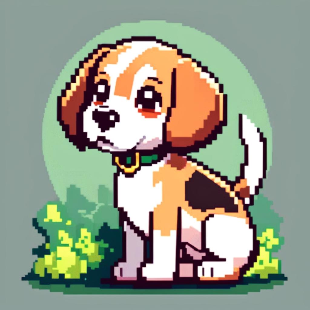 Pixel art PFP of a lovable Beagle with a tri-color coat, expressive brown eyes, and a wagging tail against a gradient green park background