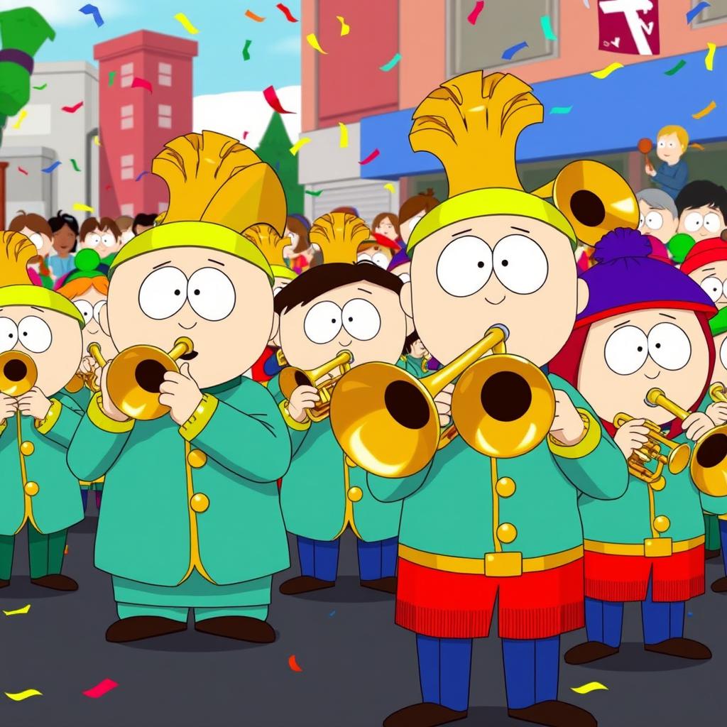 A cartoon scene inspired by the style of South Park featuring a group of characters dressed in shiny brass band uniforms, playing musical instruments like trumpets and trombones in a colorful, exaggerated environment