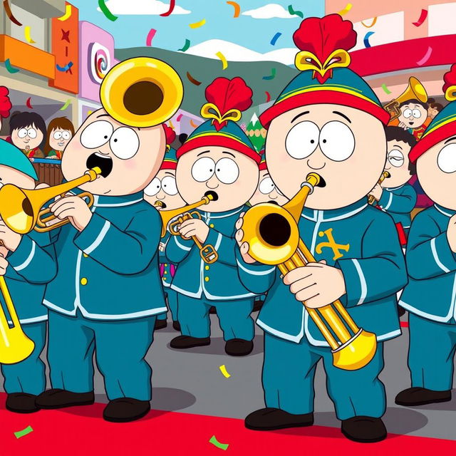 A cartoon scene inspired by the style of South Park featuring a group of characters dressed in shiny brass band uniforms, playing musical instruments like trumpets and trombones in a colorful, exaggerated environment