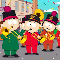 A cartoon scene inspired by the style of South Park featuring a group of characters dressed in shiny brass band uniforms, playing musical instruments like trumpets and trombones in a colorful, exaggerated environment