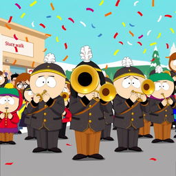 A cartoon scene inspired by the style of South Park featuring a group of characters dressed in shiny brass band uniforms, playing musical instruments like trumpets and trombones in a colorful, exaggerated environment