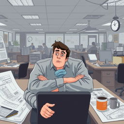 An illustration of an engineer in a corporate office setting, sitting at a desk surrounded by blueprints and technical equipment