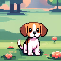 Pixel art PFP of a lovable Beagle with a tri-color coat, expressive brown eyes, and a wagging tail against a gradient green park background