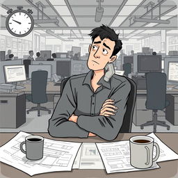An illustration of an engineer in a corporate office setting, sitting at a desk surrounded by blueprints and technical equipment