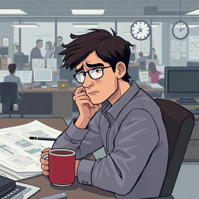 An illustration of an engineer in a corporate office setting, sitting at a desk surrounded by blueprints and technical equipment