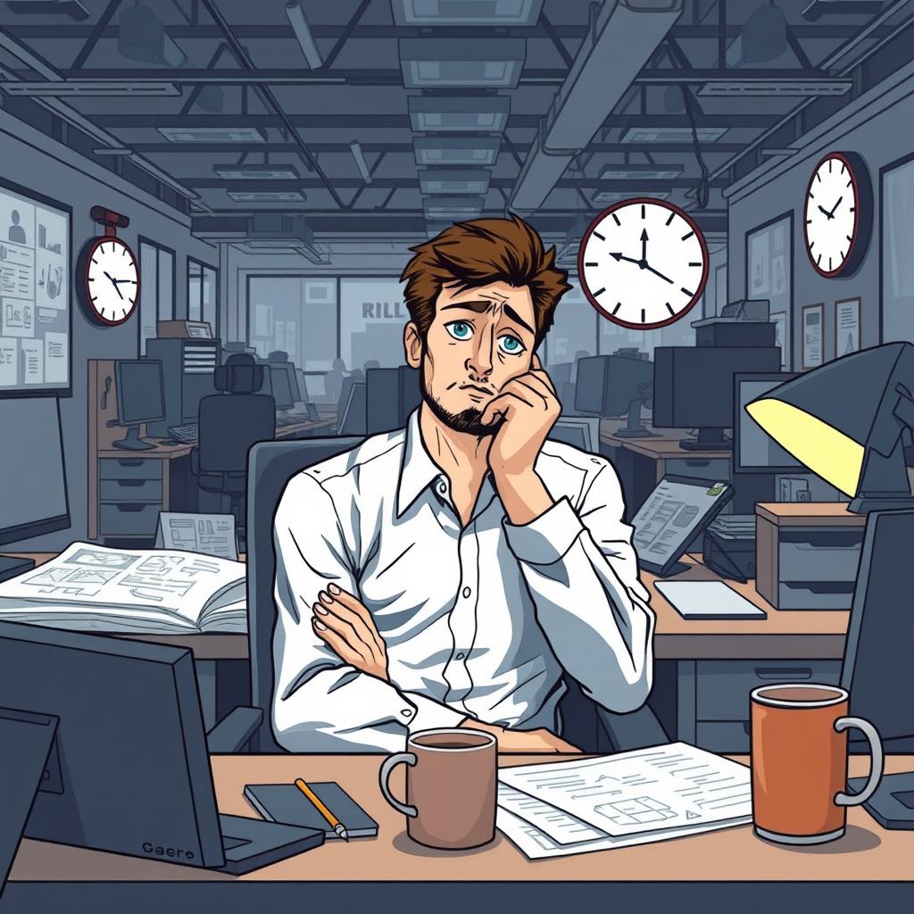 An illustration of an engineer in a corporate office setting, sitting at a desk surrounded by blueprints and technical equipment