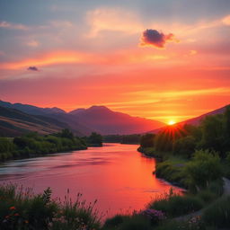 An immersive image depicting a serene landscape with rolling hills and a vibrant sunset