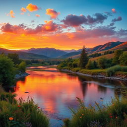 An immersive image depicting a serene landscape with rolling hills and a vibrant sunset