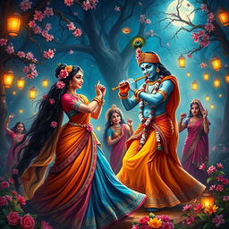 A vibrant and dynamic depiction of the Raas Leela featuring Radha and Krishna amidst a festive atmosphere