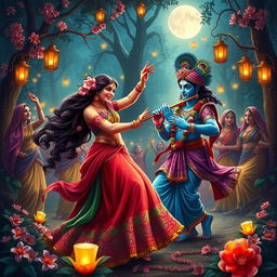 A vibrant and dynamic depiction of the Raas Leela featuring Radha and Krishna amidst a festive atmosphere