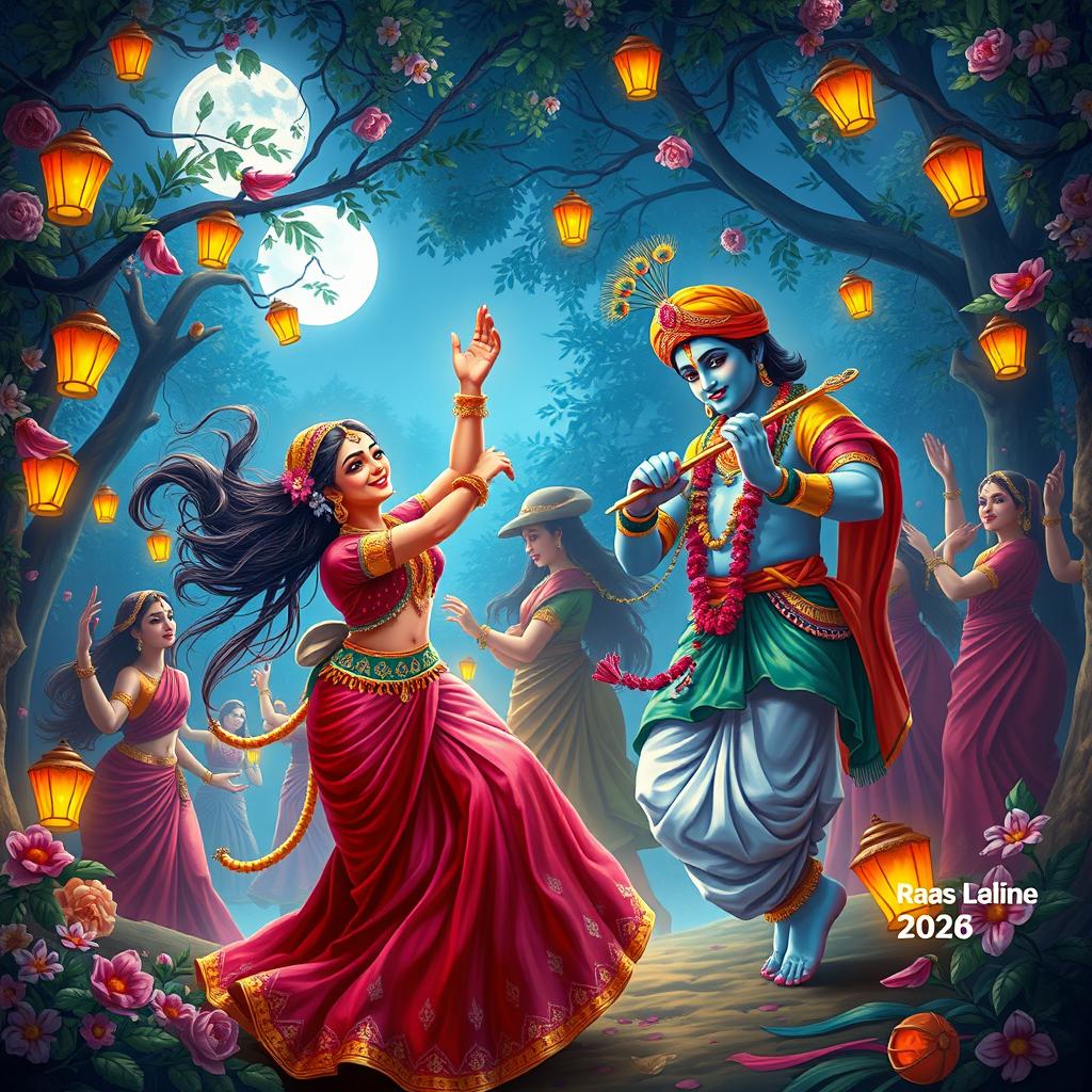 A vibrant and dynamic depiction of the Raas Leela featuring Radha and Krishna amidst a festive atmosphere