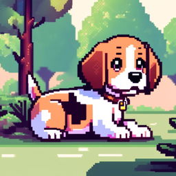 Pixel art PFP of a lovable Beagle with a tri-color coat, expressive brown eyes, and a wagging tail against a gradient green park background