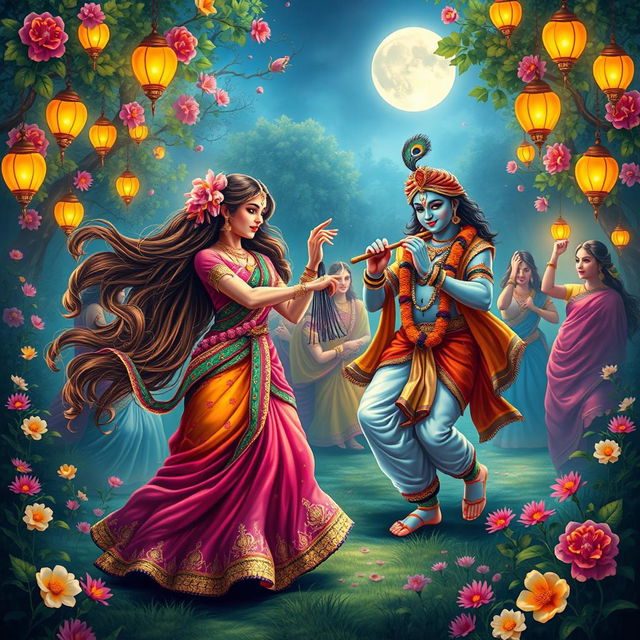 A vibrant and dynamic depiction of the Raas Leela featuring Radha and Krishna amidst a festive atmosphere