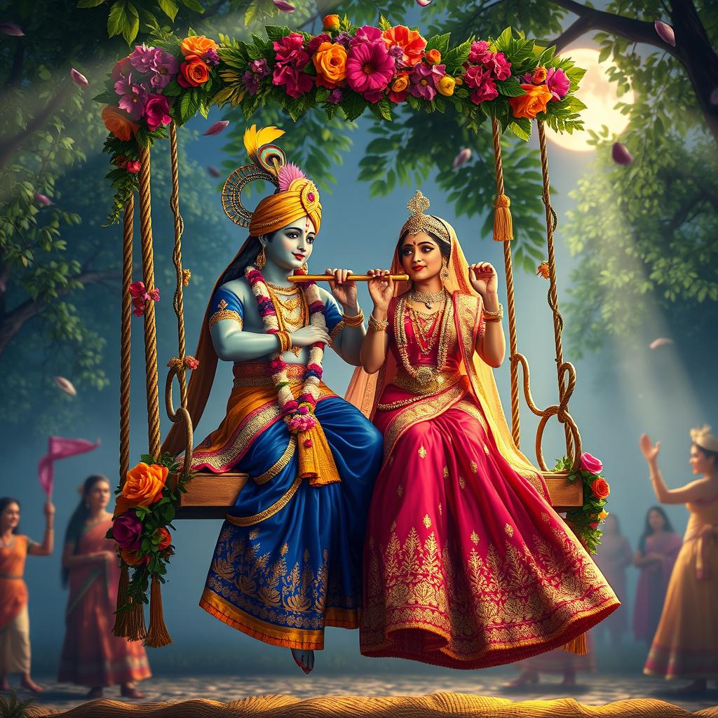 A captivating scene of Radha and Krishna celebrating the Raas Leela on a beautifully decorated jhula (swing)