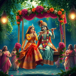 A captivating scene of Radha and Krishna celebrating the Raas Leela on a beautifully decorated jhula (swing)