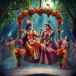 A captivating scene of Radha and Krishna celebrating the Raas Leela on a beautifully decorated jhula (swing)