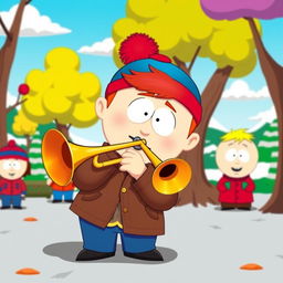 A whimsical scene featuring a character reminiscent of Stan from South Park playing a trombone