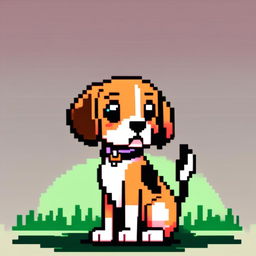 Pixel art PFP of a lovable Beagle with a tri-color coat, expressive brown eyes, and a wagging tail against a gradient green park background