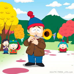 A whimsical scene featuring a character reminiscent of Stan from South Park playing a trombone