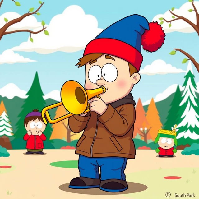 A whimsical scene featuring a character reminiscent of Stan from South Park playing a trombone