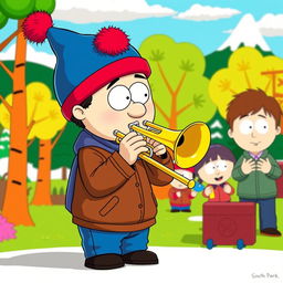 A whimsical scene featuring a character reminiscent of Stan from South Park playing a trombone