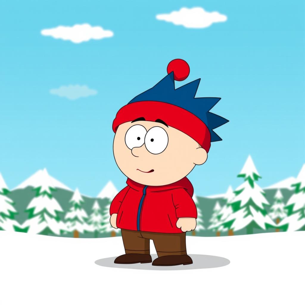 A stylized cartoon character resembling Stan Marsh from South Park, wearing his iconic blue hat with a red puffball, a red jacket, and brown pants