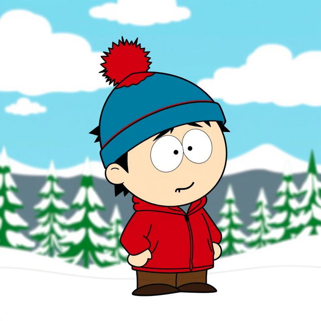 A stylized cartoon character resembling Stan Marsh from South Park, wearing his iconic blue hat with a red puffball, a red jacket, and brown pants