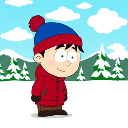 A stylized cartoon character resembling Stan Marsh from South Park, wearing his iconic blue hat with a red puffball, a red jacket, and brown pants