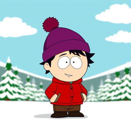 A stylized cartoon character resembling Stan Marsh from South Park, wearing his iconic blue hat with a red puffball, a red jacket, and brown pants