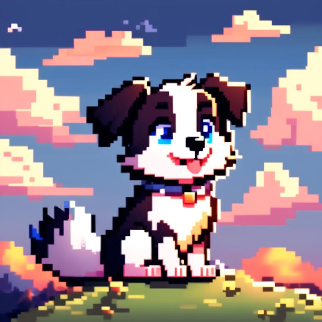 Pixel art PFP of a spirited Border Collie with a black and white coat, intelligent blue eyes, and an alert stance against a gradient countryside sunset background