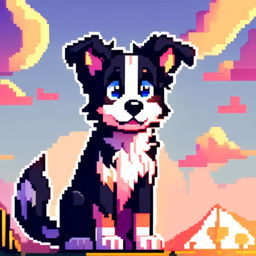 Pixel art PFP of a spirited Border Collie with a black and white coat, intelligent blue eyes, and an alert stance against a gradient countryside sunset background